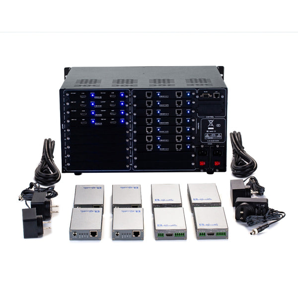 Brightlink PRO-MIX 4K Seamless Modular Matrix in our 8 HDMI Input x 14 HDBaseT Output configuration (c/w 14 Receivers over Cat6 Up To 228ft) - Front Panel 7” Touch Screen - Free Brightlink Control APP.