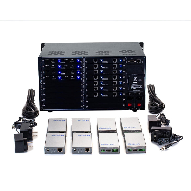Brightlink PRO-MIX 4K Seamless Modular Matrix in our 8 HDMI Input x 14 HDBaseT Output configuration (c/w 14 Receivers over Cat6 Up To 228ft) - Front Panel 7” Touch Screen - Free Brightlink Control APP.