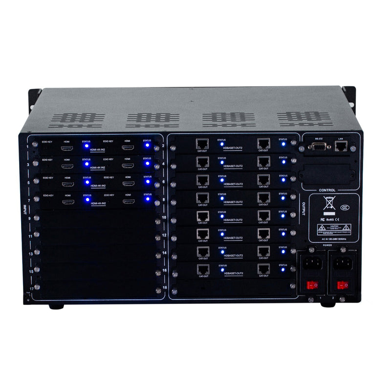 Brightlink PRO-MIX 4K Seamless Modular Matrix in our 2 HDMI Input x 8 HDBaseT Output configuration (c/w 8 Receivers over Cat6 Up To 228ft) - Front Panel 7” Touch Screen - Free Brightlink Control APP.
