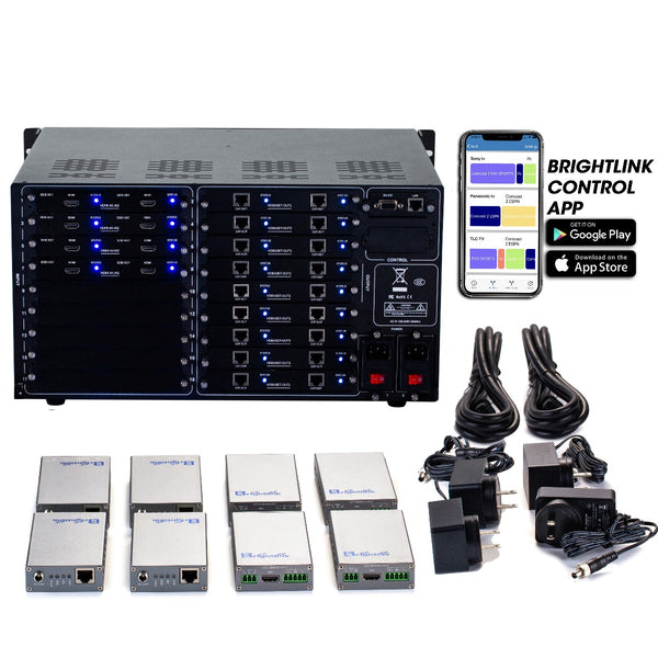 Brightlink PRO-MIX 4K Seamless Modular Matrix in our 8 HDMI Input x 18 HDBaseT Output configuration (c/w 18 Receivers over Cat6 Up To 228ft) - Front Panel 7” Touch Screen - Free Brightlink Control APP.
