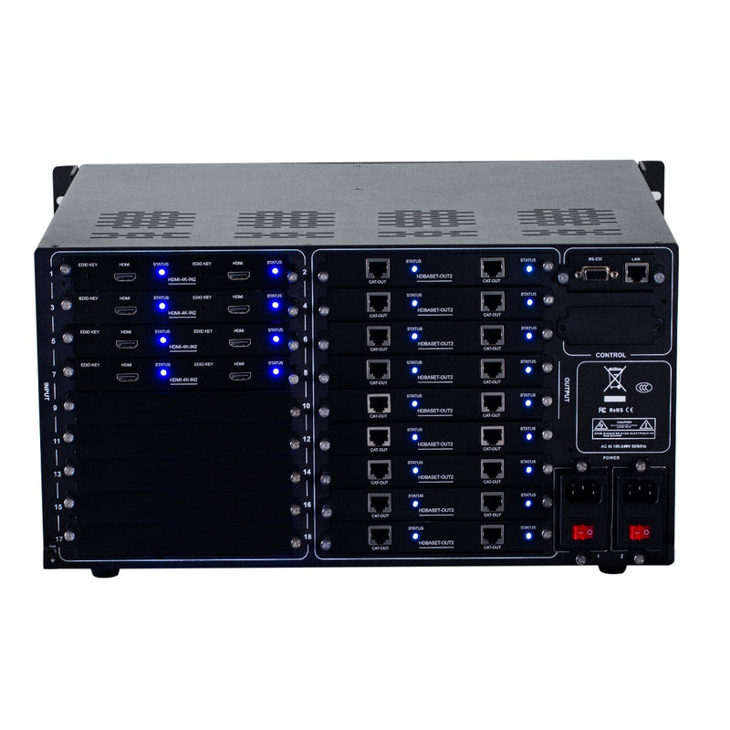 Brightlink PRO-MIX 4K Seamless Modular Matrix in our 8 HDMI Input x 18 HDBaseT Output configuration (c/w 18 Receivers over Cat6 Up To 228ft) - Front Panel 7” Touch Screen - Free Brightlink Control APP.