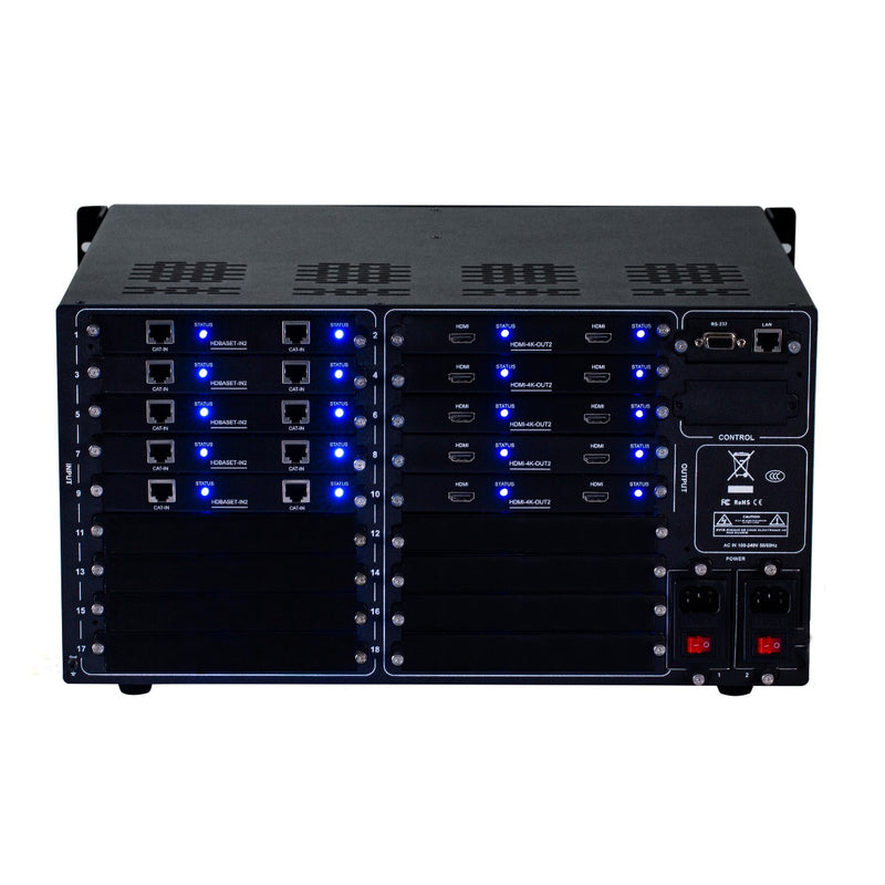Brightlink PRO-MIX 4K Seamless Modular Matrix in our 10 HDBaseT Input x 10 HDMI Output configuration (c/w 10 Transmitters over Cat6 Up To 228ft) - Front Panel 7” Touch Screen - Free Brightlink Control APP.