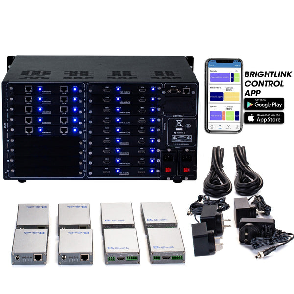 Brightlink PRO-MIX 4K Seamless Modular Matrix in our 10 HDBaseT Input x 18 HDMI Output configuration (c/w 10 Transmitters over Cat6 Up To 228ft) - Front Panel 7” Touch Screen - Free Brightlink Control APP.