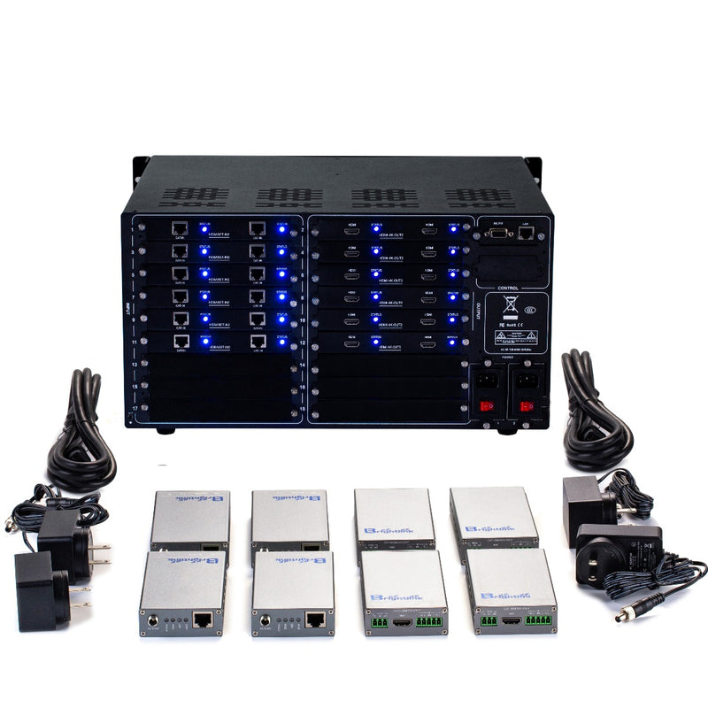 Brightlink PRO-MIX 4K Seamless Modular Matrix in our 12 HDBaseT Input x 12 HDMI Output configuration (c/w 12 Transmitters over Cat6 Up To 228ft) - Front Panel 7” Touch Screen - Free Brightlink Control APP.
