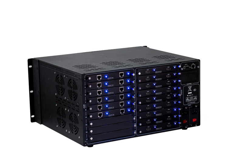 Brightlink PRO-MIX 4K Seamless Modular Matrix in our 12 HDBaseT Input x 18 HDMI Output configuration (c/w 18 Transmitters over Cat6 Up To 228ft) - Front Panel 7” Touch Screen - Free Brightlink Control APP.