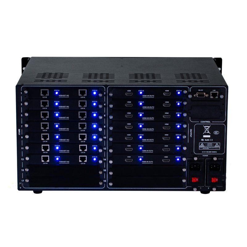 Brightlink PRO-MIX 4K Seamless Modular Matrix in our 14 HDBaseT Input x 14 HDMI Output configuration (c/w 14 Transmitters over Cat6 Up To 228ft) - Front Panel 7” Touch Screen - Free Brightlink Control APP.