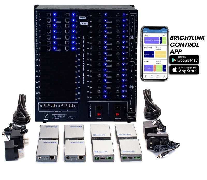 Brightlink PRO-MIX 4K Seamless Modular Matrix in our 12 HDBaseT Input x 32 HDMI Output configuration (c/w 32 Receivers over Cat6 Up To 228ft) - Front Panel 7” Touch Screen - Free Brightlink Control APP.7