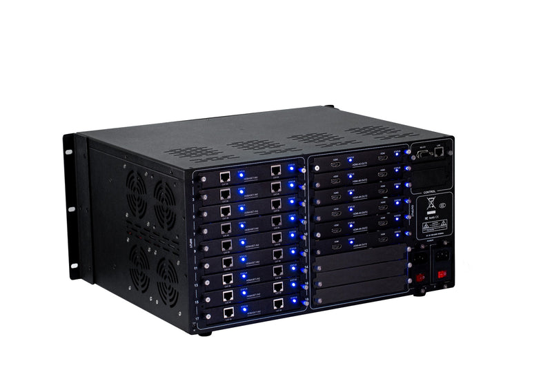 Brightlink PRO-MIX 4K Seamless Modular Matrix in our 18 HDBaseT Input x 12 HDMI Output configuration (c/w 12 Transmitters over Cat6 Up To 228ft) - Front Panel 7” Touch Screen - Free Brightlink Control APP.