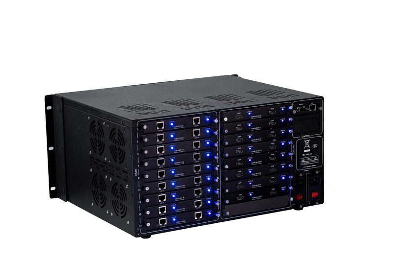 Brightlink PRO-MIX 4K Seamless Modular Matrix in our 18 HDBaseT Input x 16 HDMI Output configuration (c/w 18 Transmitters over Cat6 Up To 228ft) - Front Panel 7” Touch Screen - Free Brightlink Control APP.