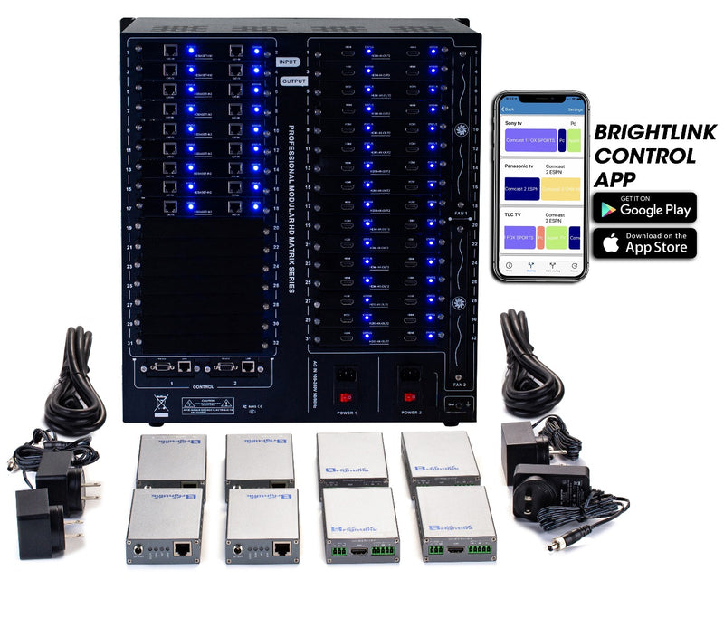 Brightlink PRO-MIX 4K Seamless Modular Matrix in our 18 HDBaseT Input x 32 HDMI Output configuration (c/w 32 Receivers over Cat6 Up To 228ft) - Front Panel 7” Touch Screen - Free Brightlink Control APP.7