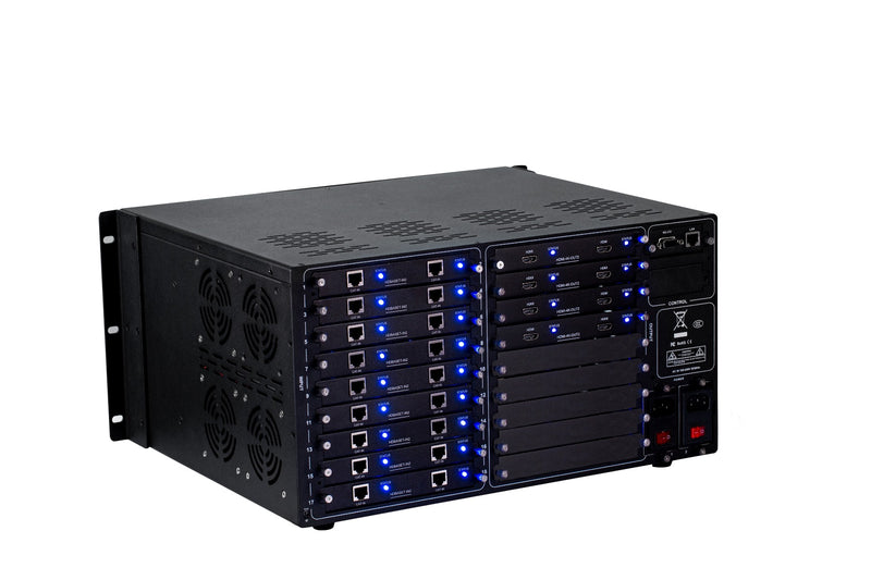 Brightlink PRO-MIX 4K Seamless Modular Matrix in our 18 HDBaseT Input x 8 HDMI Output configuration (c/w 18 Transmitters over Cat6 Up To 228ft) - Front Panel 7” Touch Screen - Free Brightlink Control APP.