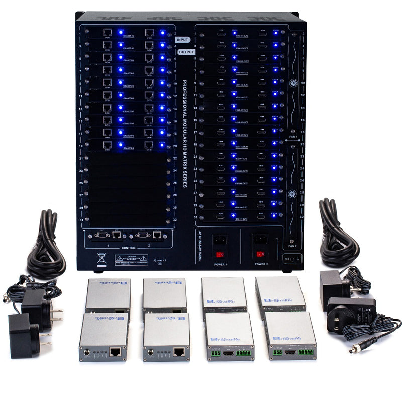 Brightlink PRO-MIX 4K Seamless Modular Matrix in our 20 HDBaseT Input x 32 HDMI Output configuration (c/w 32 Receivers over Cat6 Up To 228ft) - Front Panel 7” Touch Screen - Free Brightlink Control APP.7