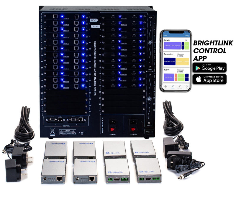 Brightlink PRO-MIX 4K Seamless Modular Matrix in our 24 HDBaseT Input x 24 HDMI Output configuration (c/w 24 Receivers over Cat6 Up To 228ft) - Front Panel 7” Touch Screen - Free Brightlink Control APP.7