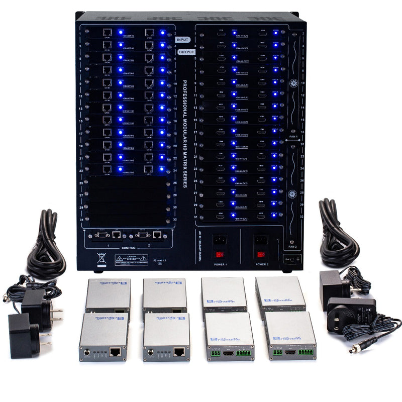 Brightlink PRO-MIX 4K Seamless Modular Matrix in our 24 HDBaseT Input x 32 HDMI Output configuration (c/w 32 Receivers over Cat6 Up To 228ft) - Front Panel 7” Touch Screen - Free Brightlink Control APP.7