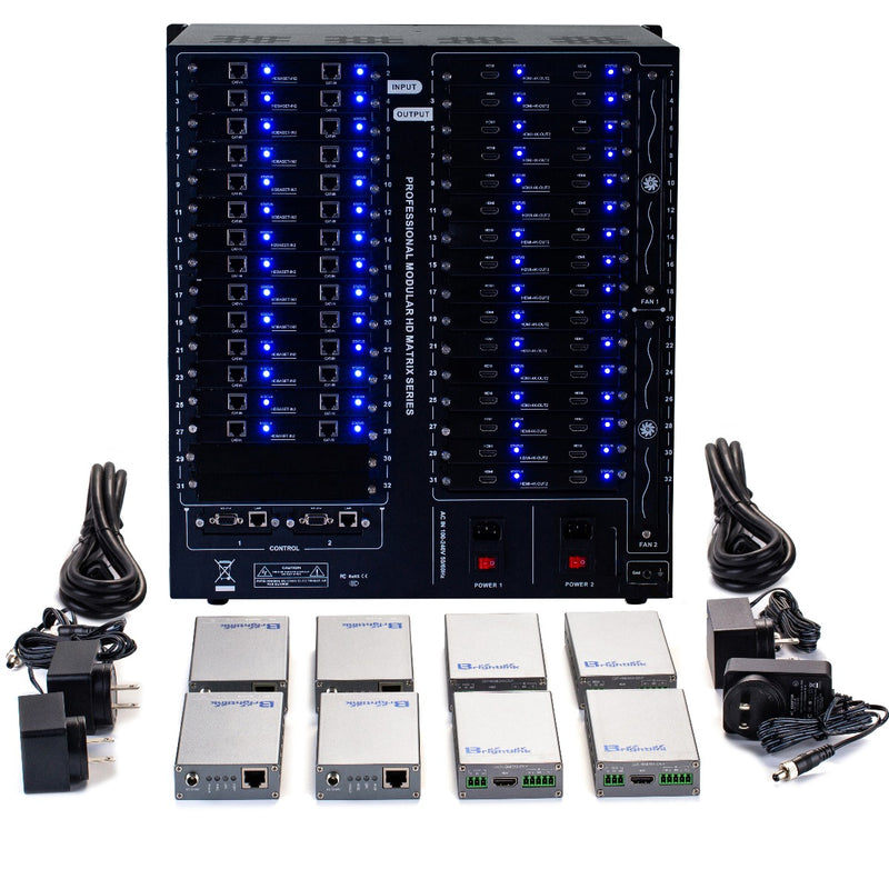 Brightlink PRO-MIX 4K Seamless Modular Matrix in our 28 HDBaseT Input x 32 HDMI Output configuration (c/w 32 Receivers over Cat6 Up To 228ft) - Front Panel 7” Touch Screen - Free Brightlink Control APP.7