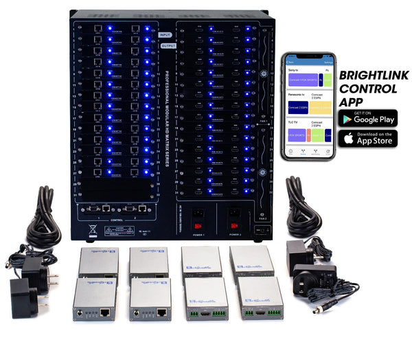 Brightlink PRO-MIX 4K Seamless Modular Matrix in our 28 HDBaseT Input x 32 HDMI Output configuration (c/w 32 Receivers over Cat6 Up To 228ft) - Front Panel 7” Touch Screen - Free Brightlink Control APP.7
