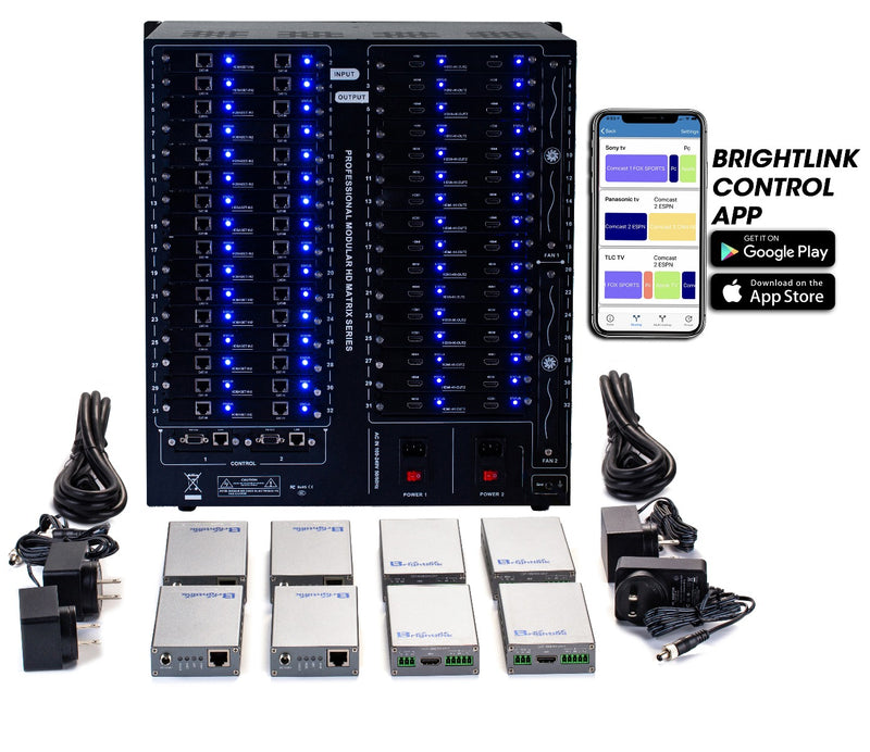 Brightlink PRO-MIX 4K Seamless Modular Matrix in our 32 HDMI Input x 32 HDBaseT Output configuration (c/w 32 Receivers over Cat6 Up To 228ft) - Front Panel 7” Touch Screen - Free Brightlink Control APP.