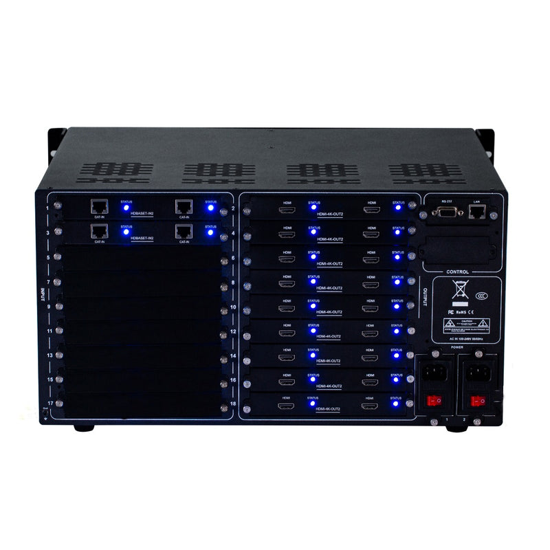 Brightlink PRO-MIX 4K Seamless Modular Matrix in our 4 HDBaseT Input x 18 HDMI Output configuration (c/w 4 Transmitters over Cat6 Up To 228ft) - Front Panel 7” Touch Screen - Free Brightlink Control APP.