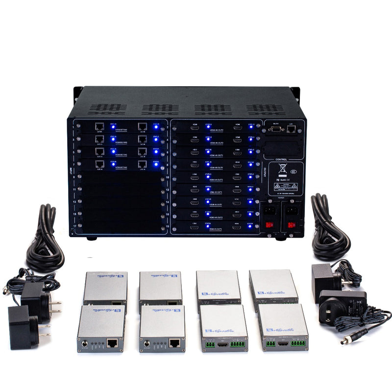Brightlink PRO-MIX 4K Seamless Modular Matrix in our 8 HDBaseT Input x 18 HDMI Output configuration (c/w 8 Transmitters over Cat6 Up To 228ft) - Front Panel 7” Touch Screen - Free Brightlink Control APP.