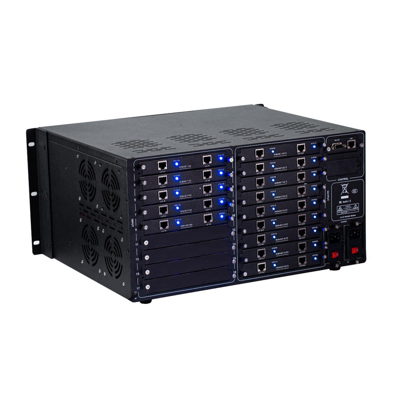 Brightlink PRO-MIX 4K Seamless Modular Matrix in our 10 HDBaseT Input x 18 HDBaseT Output configuration (c/w 10 Transmitters & 18 Receivers over Cat6 Up To 228ft) - Front Panel 7” Touch Screen - Free Brightlink Control APP.