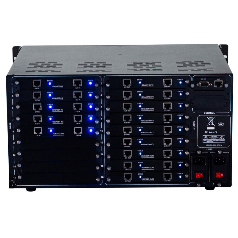 Brightlink PRO-MIX 4K Seamless Modular Matrix in our 10 HDBaseT Input x 18 HDBaseT Output configuration (c/w 10 Transmitters & 18 Receivers over Cat6 Up To 228ft) - Front Panel 7” Touch Screen - Free Brightlink Control APP.