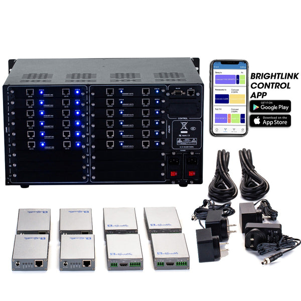 Brightlink PRO-MIX 4K Seamless Modular Matrix in our 12 HDBaseT Input x 12 HDBaseT Output configuration (c/w 12 Transmitters & 12 Receivers over Cat6 Up To 228ft) - Front Panel 7” Touch Screen - Free Brightlink Control APP.