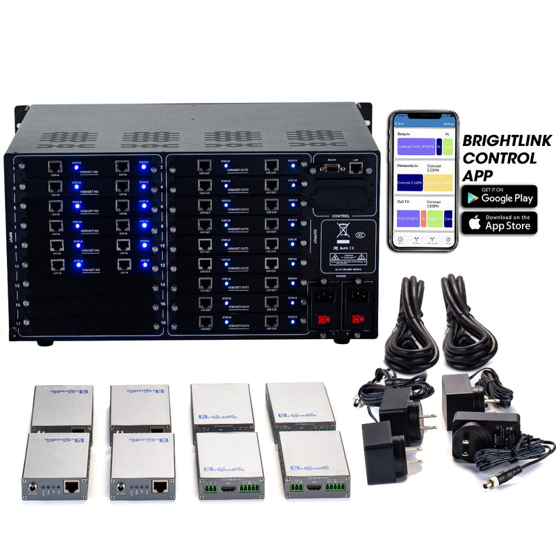 Brightlink PRO-MIX 4K Seamless Modular Matrix in our 12 HDBaseT Input x 18 HDBaseT Output configuration (c/w 12 Transmitters & 18 Receivers over Cat6 Up To 228ft) - Front Panel 7” Touch Screen - Free Brightlink Control APP.