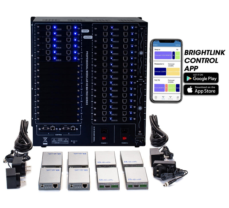 Brightlink PRO-MIX 4K Seamless Modular Matrix in our 12 HDBaseT Input x 32 HDBaseT Output configuration (c/w 32 Receivers over Cat6 Up To 228ft) - Front Panel 7” Touch Screen - Free Brightlink Control APP.7
