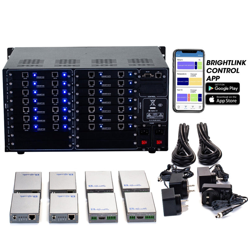 Brightlink PRO-MIX 4K Seamless Modular Matrix in our 14 HDBaseT Input x 14 HDBaseT Output configuration (c/w 14 Transmitters & 14 Receivers over Cat6 Up To 228ft) - Front Panel 7” Touch Screen - Free Brightlink Control APP.