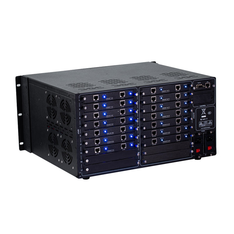 Brightlink PRO-MIX 4K Seamless Modular Matrix in our 14 HDBaseT Input x 14 HDBaseT Output configuration (c/w 14 Transmitters & 14 Receivers over Cat6 Up To 228ft) - Front Panel 7” Touch Screen - Free Brightlink Control APP.