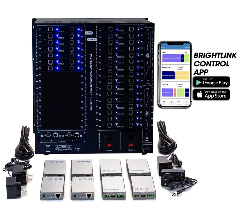 Brightlink PRO-MIX 4K Seamless Modular Matrix in our 14 HDBaseT Input x 32 HDBaseT Output configuration (c/w 32 Receivers over Cat6 Up To 228ft) - Front Panel 7” Touch Screen - Free Brightlink Control APP.7