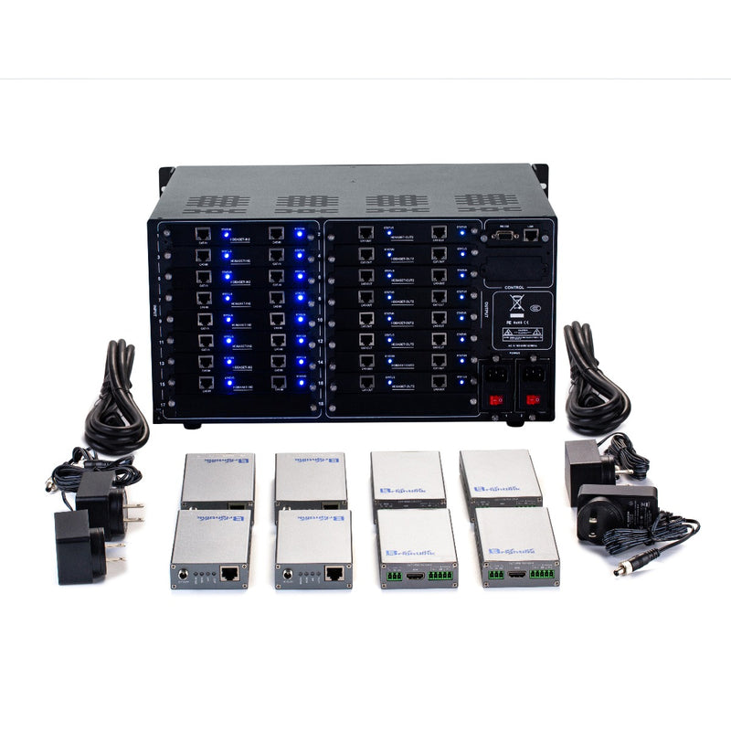 Brightlink PRO-MIX 4K Seamless Modular Matrix in our 16 HDBaseT Input x 16 HDBaseT Output configuration (c/w 16 Transmitters & 16 Receivers over Cat6 Up To 228ft) - Front Panel 7” Touch Screen - Free Brightlink Control APP.
