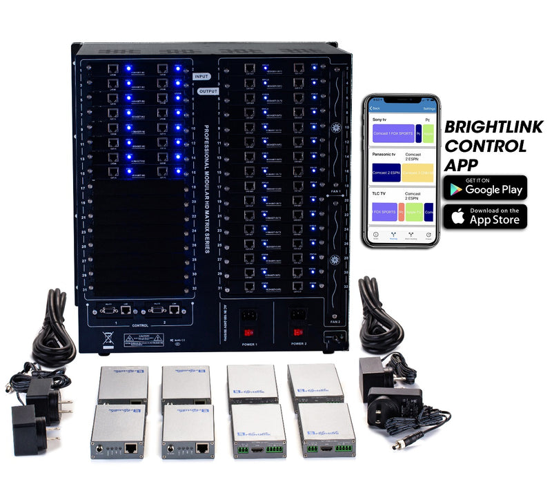 Brightlink PRO-MIX 4K Seamless Modular Matrix in our 16 HDBaseT Input x 32 HDBaseT Output configuration (c/w 32 Receivers over Cat6 Up To 228ft) - Front Panel 7” Touch Screen - Free Brightlink Control APP.7
