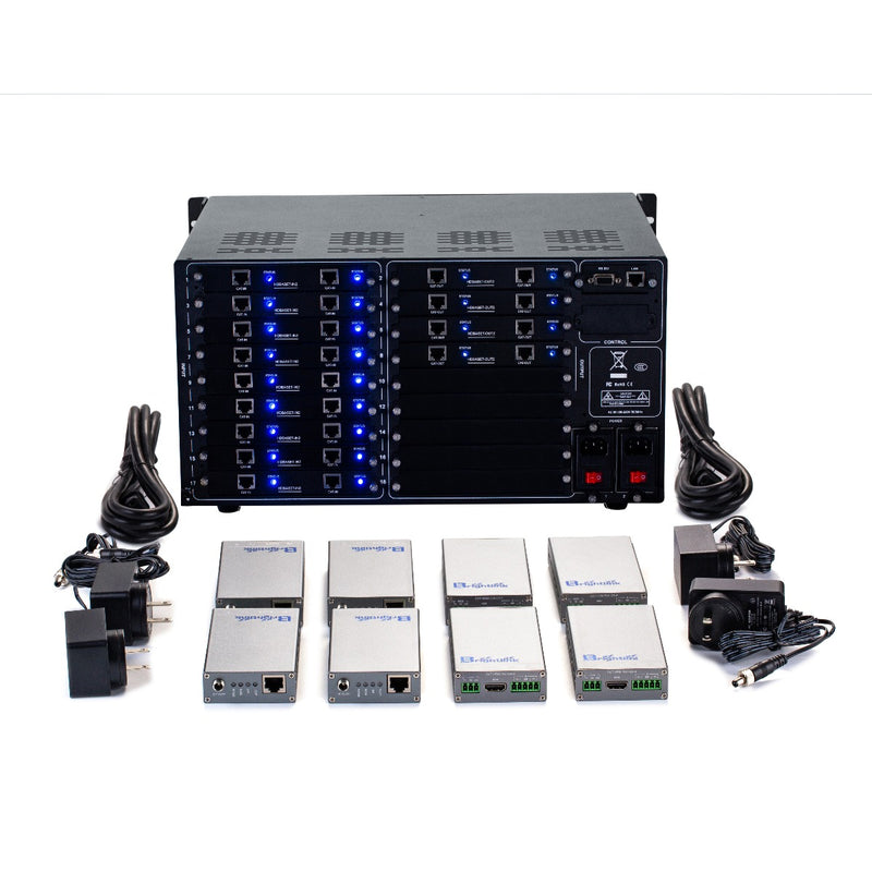 Brightlink PRO-MIX 4K Seamless Modular Matrix in our 18 HDBaseT Input x 8 HDBaseT Output configuration (c/w 18 Transmitters & 8 Receivers over Cat6 Up To 228ft) - Front Panel 7” Touch Screen - Free Brightlink Control APP.