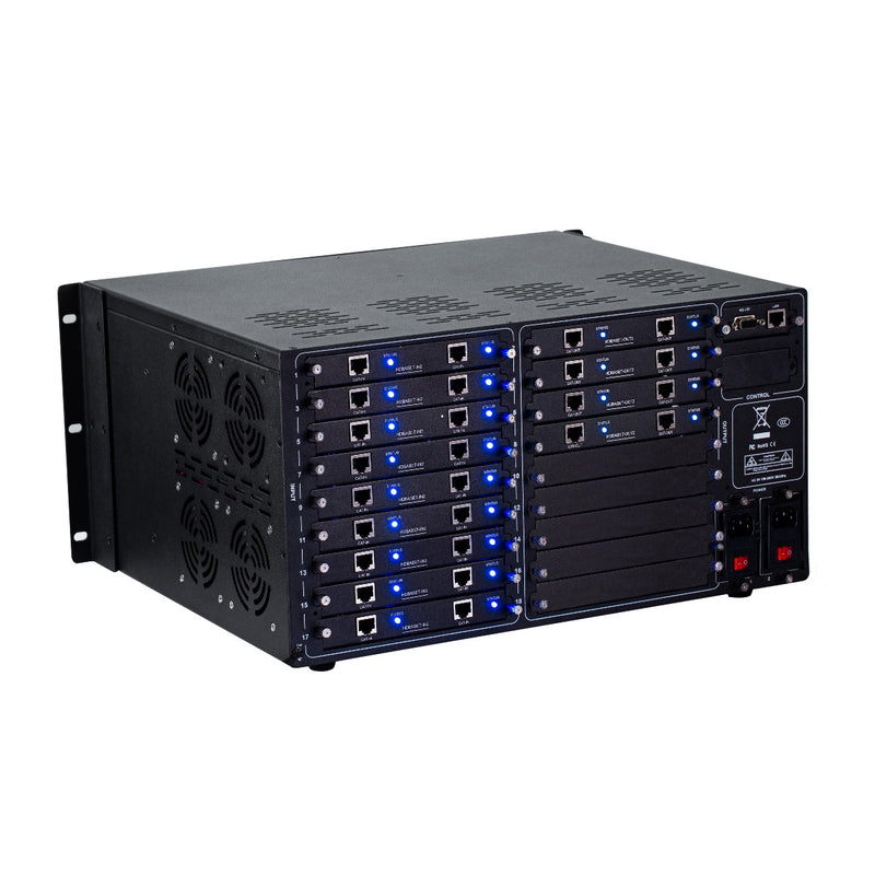Brightlink PRO-MIX 4K Seamless Modular Matrix in our 18 HDBaseT Input x 8 HDBaseT Output configuration (c/w 18 Transmitters & 8 Receivers over Cat6 Up To 228ft) - Front Panel 7” Touch Screen - Free Brightlink Control APP.