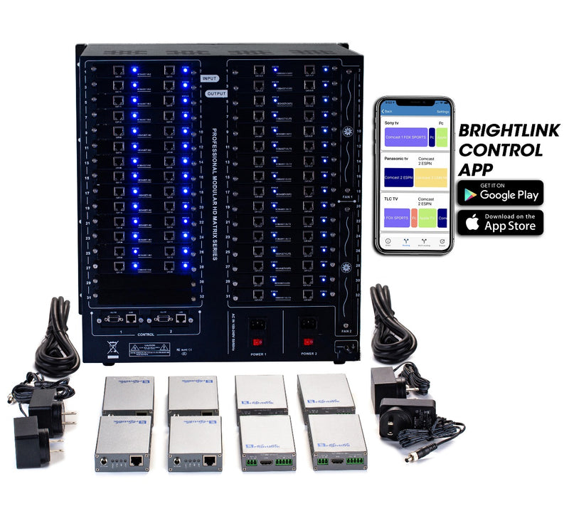 Brightlink PRO-MIX 4K Seamless Modular Matrix in our 28 HDBaseT Input x 32 HDBaseT Output configuration (c/w 32 Receivers over Cat6 Up To 228ft) - Front Panel 7” Touch Screen - Free Brightlink Control APP.7