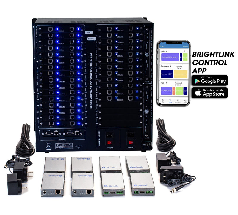 Brightlink PRO-MIX 4K Seamless Modular Matrix in our 32 HDBaseT Input x 24 HDBaseT Output configuration (c/w 24 Receivers over Cat6 Up To 228ft) - Front Panel 7” Touch Screen - Free Brightlink Control APP.7