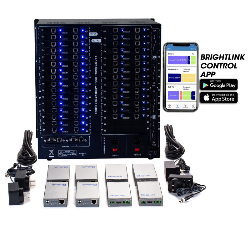Brightlink PRO-MIX 4K Seamless Modular Matrix in our 32 HDBaseT Input x 28 HDBaseT Output configuration (c/w 28 Receivers over Cat6 Up To 228ft) - Front Panel 7” Touch Screen - Free Brightlink Control APP.7
