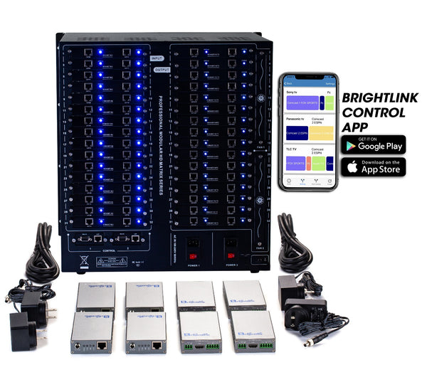 Brightlink PRO-MIX 4K Seamless Modular Matrix in our 32 HDBaseT Input x 32 HDBaseT Output configuration (c/w 32 HDBaseT Transmitters & 32 Receivers over Cat6 Up To 228ft) - Front Panel 7” Touch Screen - Free Brightlink Control APP.