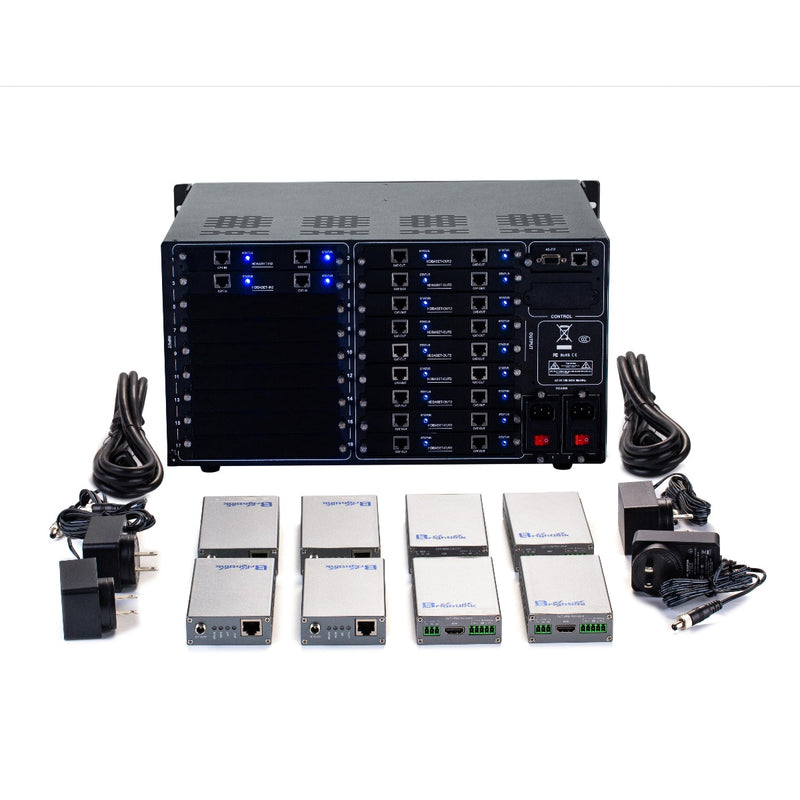 Brightlink PRO-MIX 4K Seamless Modular Matrix in our 4 HDBaseT Input x 18 HDBaseT Output configuration (c/w 4 Transmitters & 18 Receivers over Cat6 Up To 228ft) - Front Panel 7” Touch Screen - Free Brightlink Control APP.