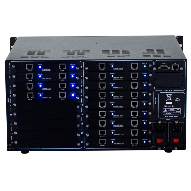 Brightlink PRO-MIX 4K Seamless Modular Matrix in our 8 HDBaseT Input x 18 HDBaseT Output configuration (c/w 8 Transmitters & 18 Receivers over Cat6 Up To 228ft) - Front Panel 7” Touch Screen - Free Brightlink Control APP.