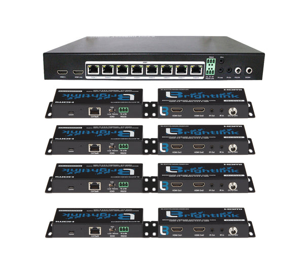 Brightlink New HDMI 2.0 HDBaseT 4k 1x8 / 1x16 Splitter Set over single cat6  up to 228ft - 2 Way IR, Local HDMI Loop out, & 8 ea POE / POC Receivers