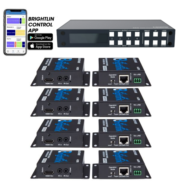 Brightlink New 4x4 HDMI Matrix - Support 4K@60HZ 4:4:4, Downscaler  (Model # BL-4X4-HD20-A) with 4 HDMI/HDBaseT Extenders over Cat6 – 228ft - 4 Sources to 4 Displays – POE/POC - RS232 PC and IR Control