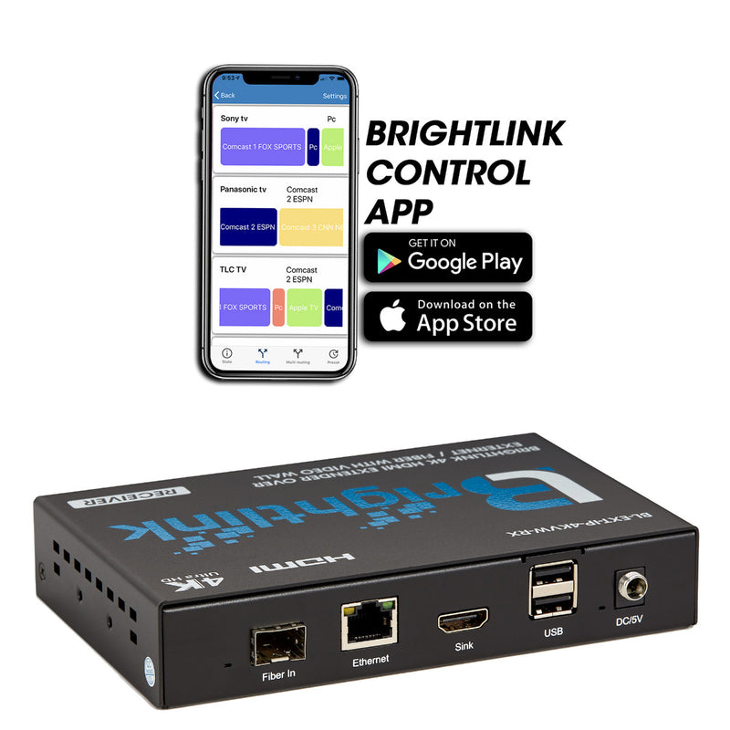 Brightlink 4K HDMI over IP RECEIVER (POE) for source / input device - Part of Brightlink’s Any Size HDMI over IP Matrix System with APP control - Video Walls up to 8x16 displays -  H.264 up to 400ft/120m over Cat6 and USB KVM extension -RECEIVER ONLY-